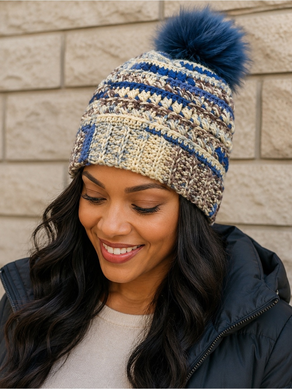 Women’s Crocheted Blue Beige Beanie with Faux Fur Pom
